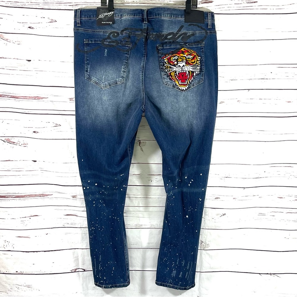 Ed‎ Hardy Jeans Mens 42 Embroidered Tiger Head Slim Taper Distressed.